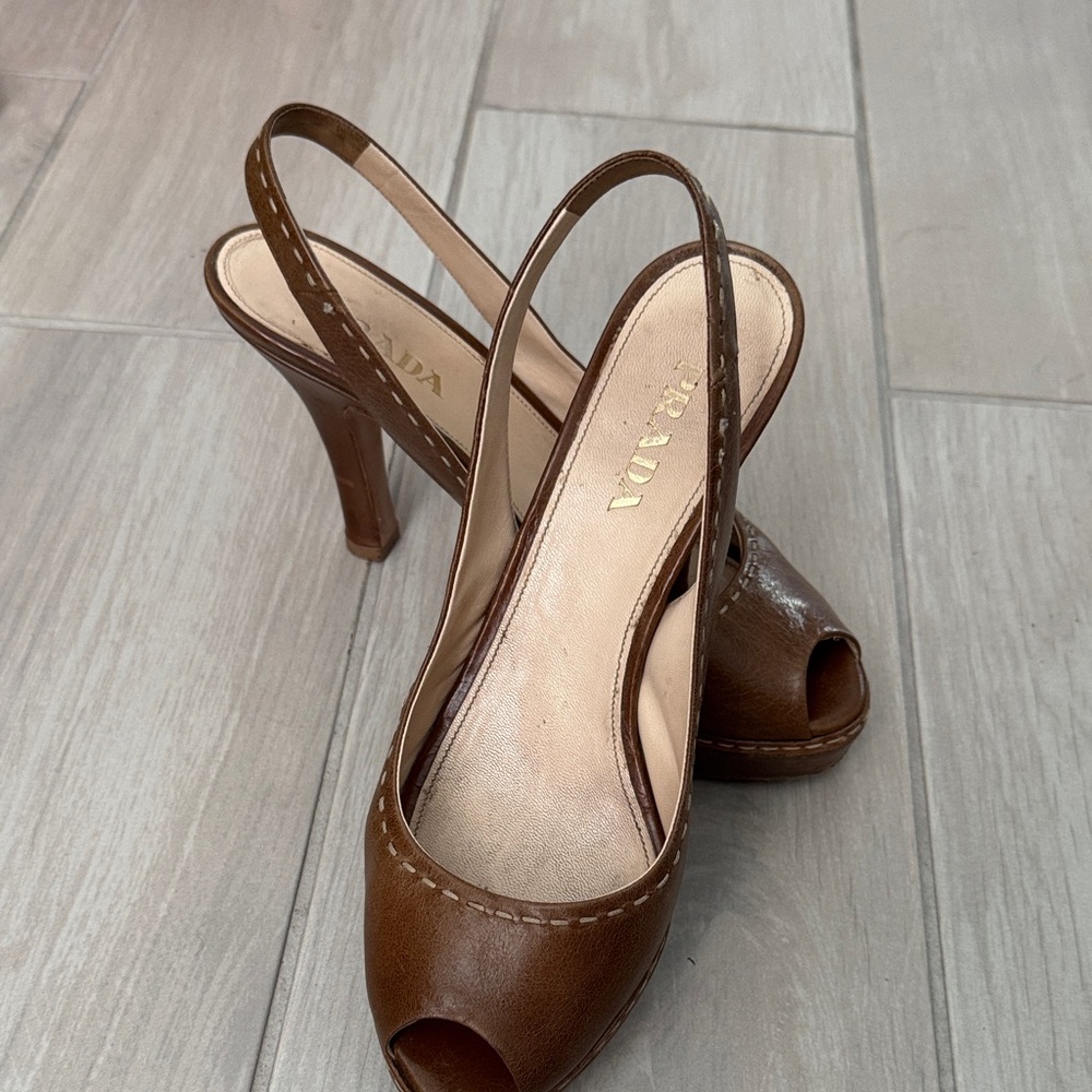 Prada Women's Elegant Brown Peep-Toe Slingbacks